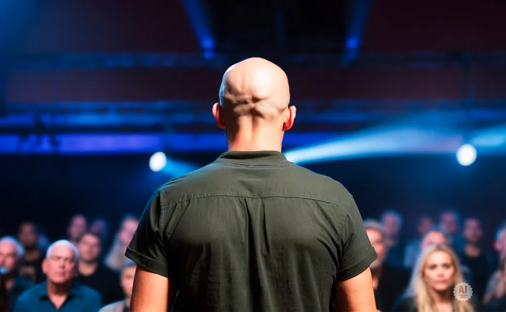 Back of a bald man in a green shirt on stage, facing a blurred audience with blue stage lights.
