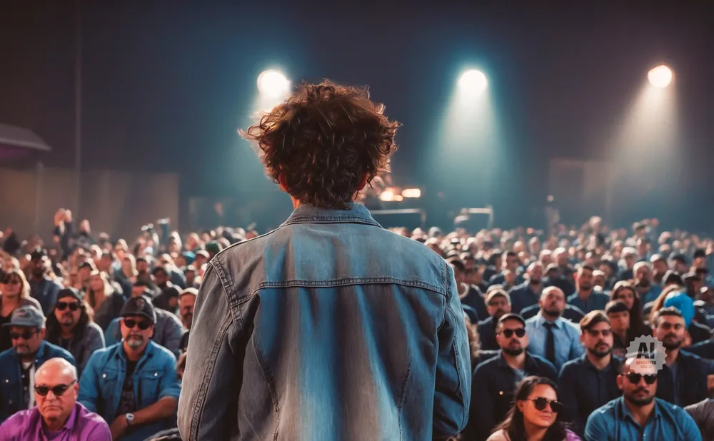 A person with curly hair in a denim jacket stands facing a large, dimly lit audience.
