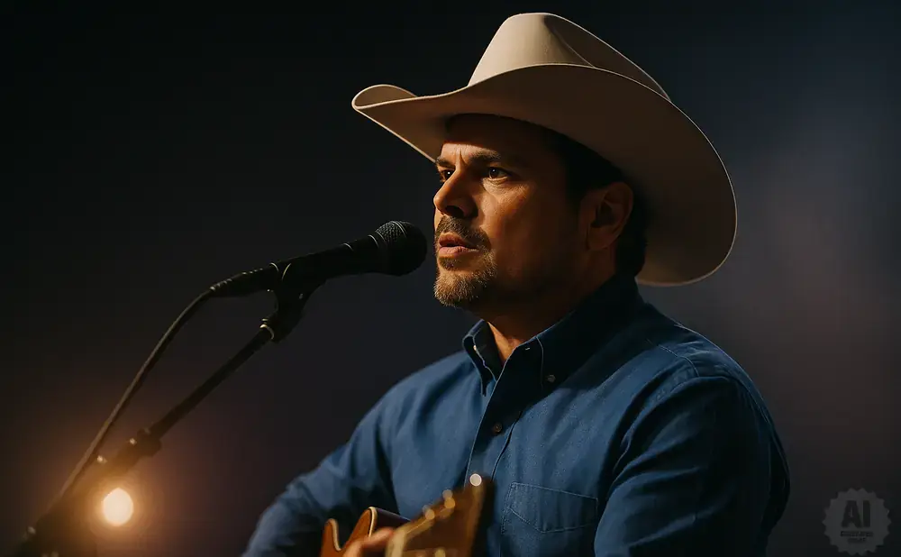 A man in a cowboy hat sings into a microphone while playing guitar.