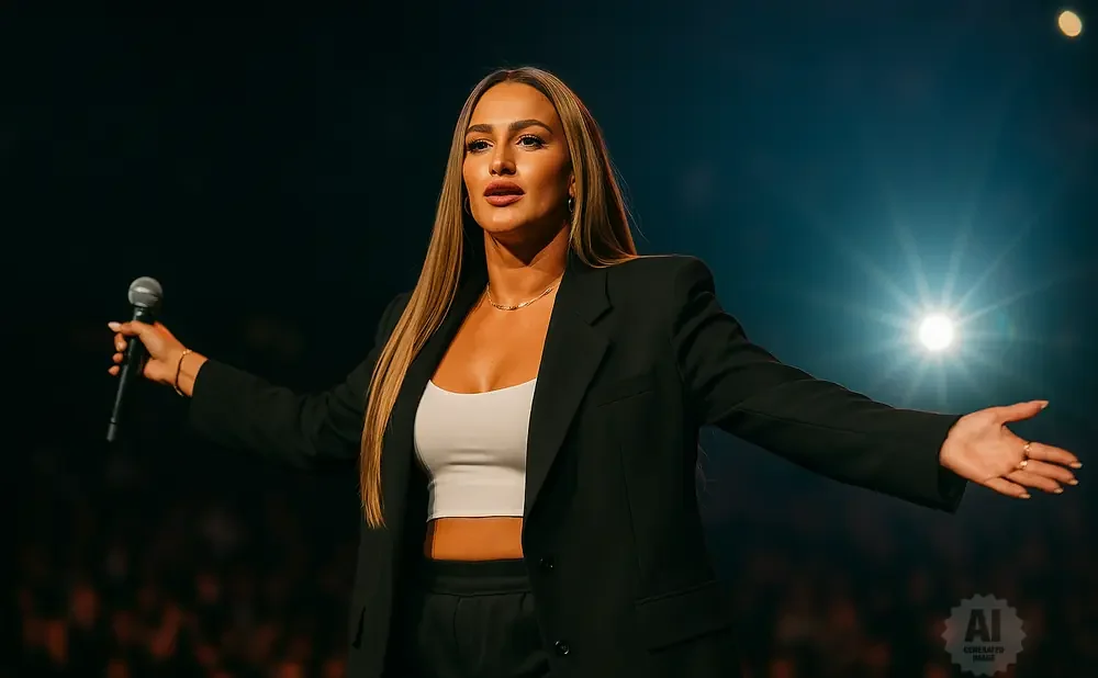 A woman in a black blazer and white crop top holds a microphone and gestures with her hands on stage.