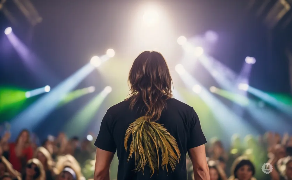 Man with long hair on stage, back to viewer, wearing black t-shirt with feather design, crowd in background.