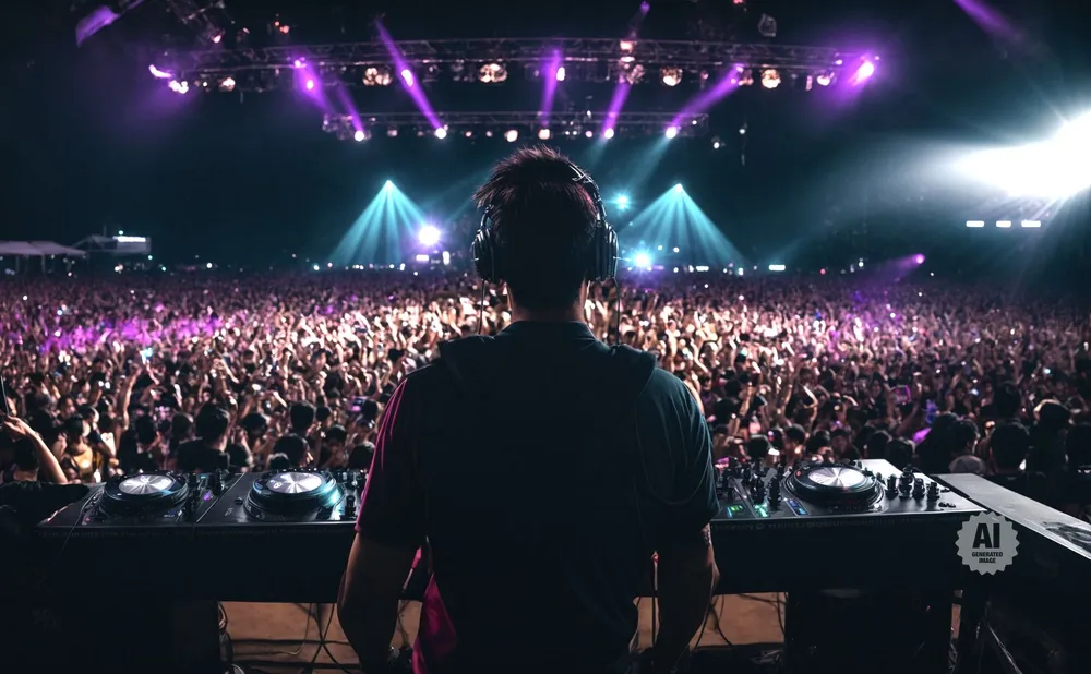DJ at a concert with a large crowd, wearing headphones and standing behind turntables.