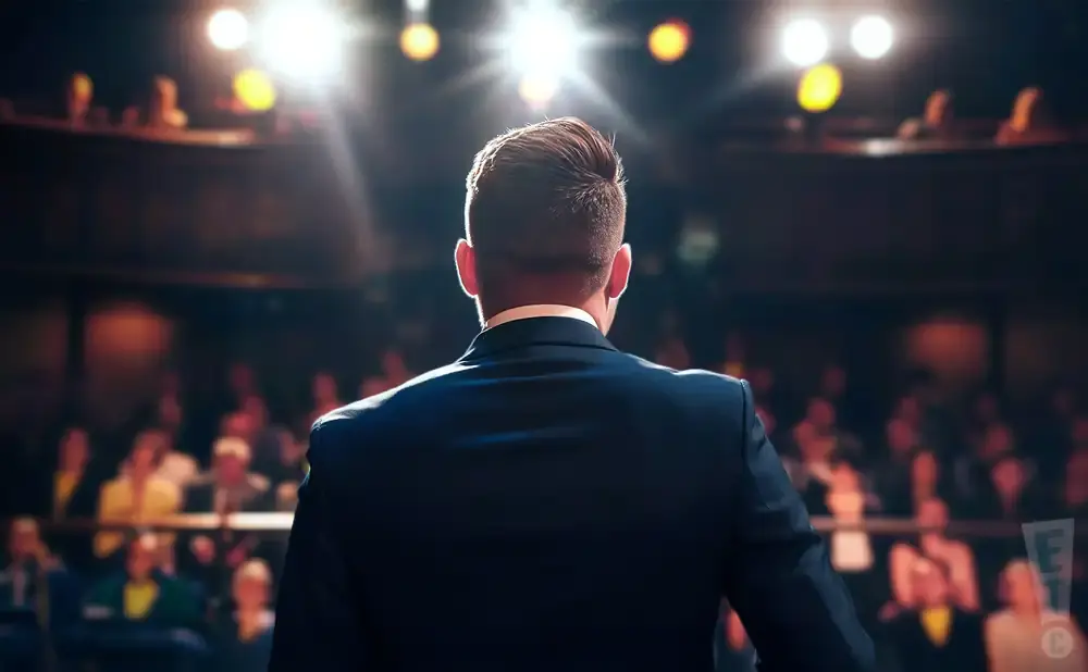 Man in a suit on stage facing an audience, with bright spotlights above.