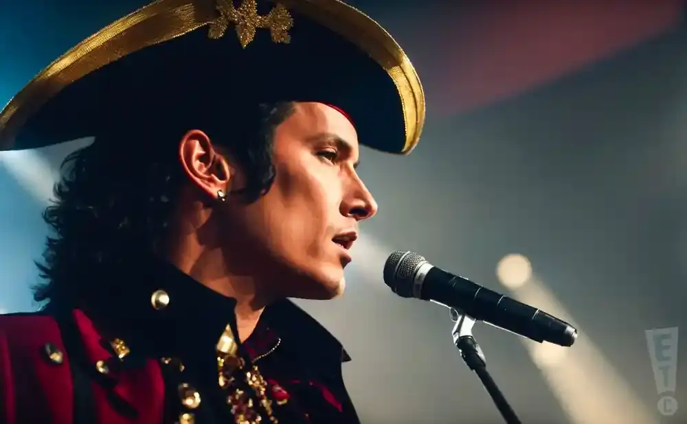 A man in a pirate hat and red jacket sings into a microphone on stage.