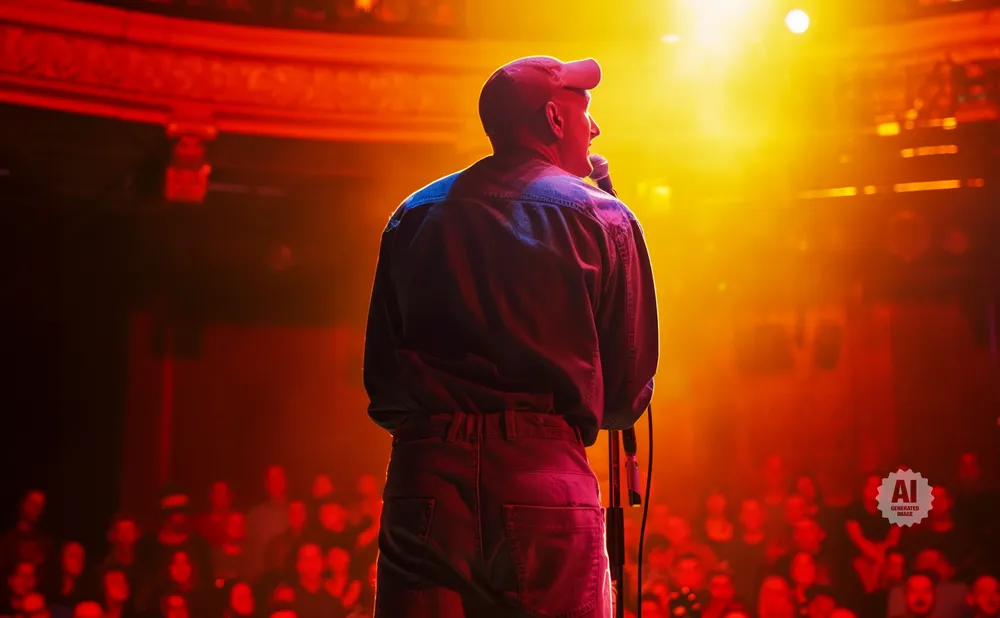 Man in a cap and denim jacket on stage with a microphone, facing away from the camera, with a bright light behind him.