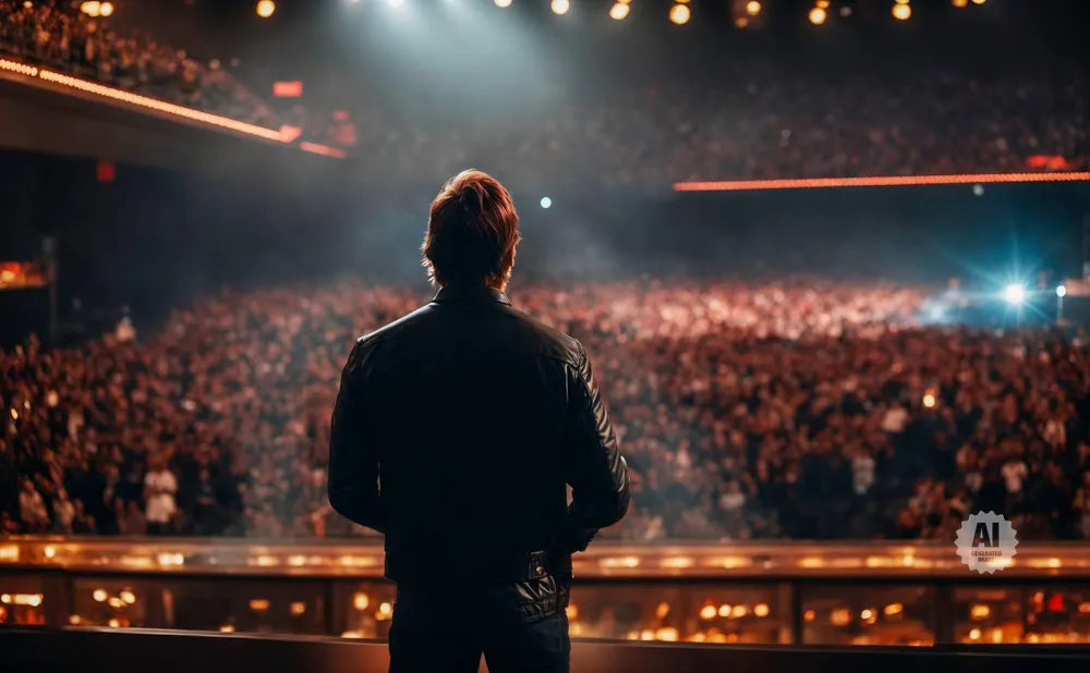 Man in leather jacket stands on stage, facing a cheering crowd in a packed stadium.