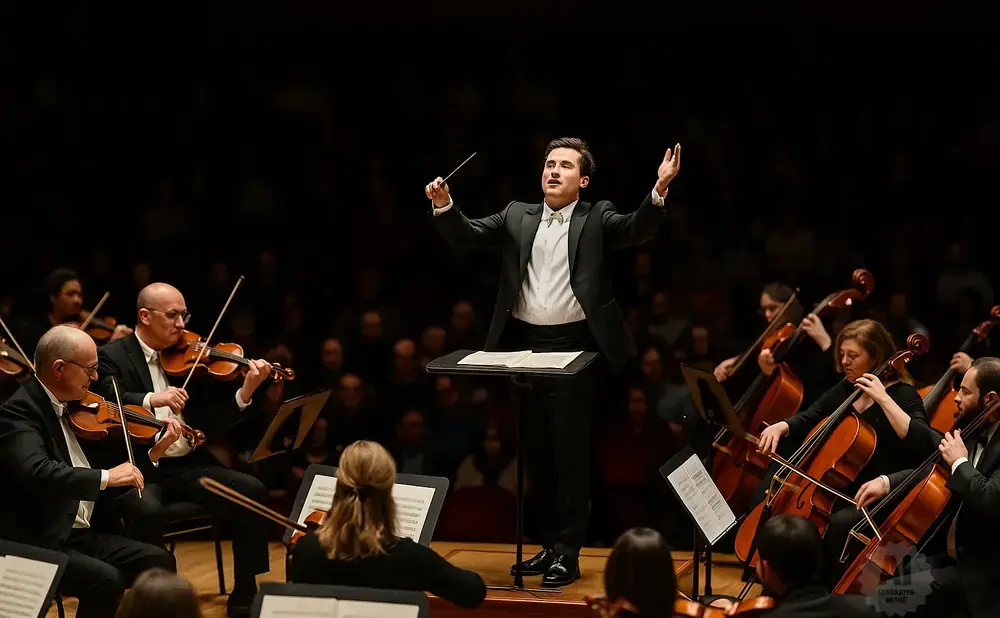 A conductor leads an orchestra playing violins and cellos on a dimly lit stage.