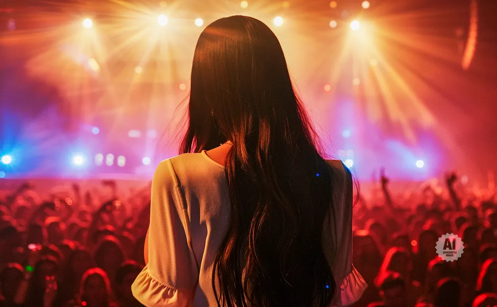 Woman with long dark hair facing a crowd at a concert with bright stage lights.