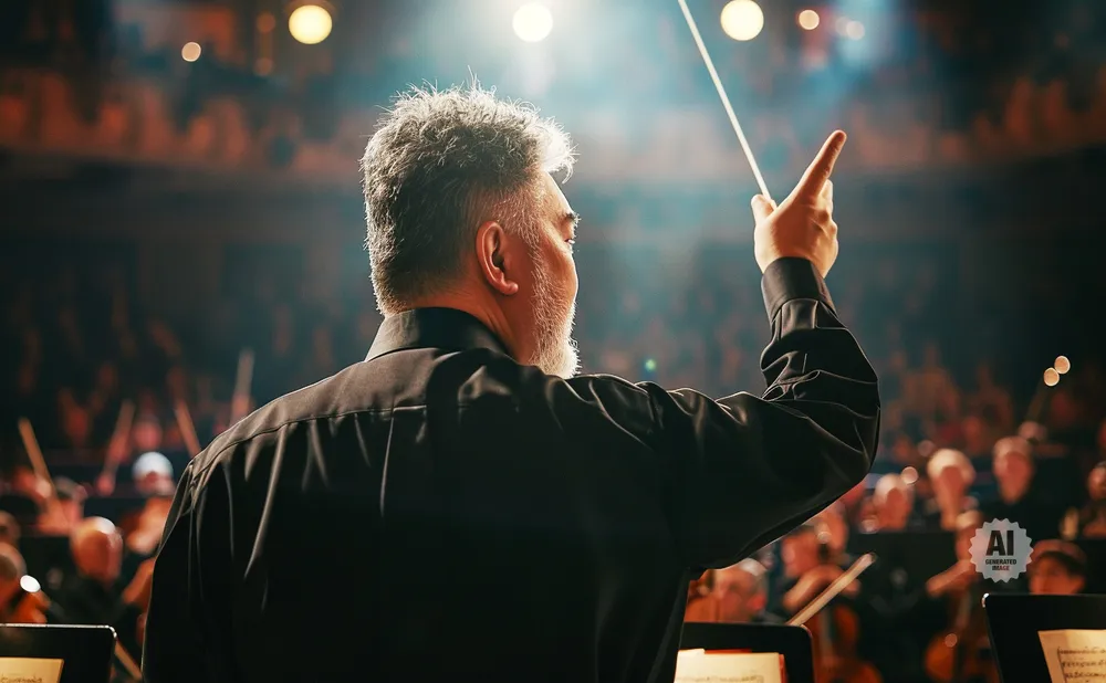 An orchestra conductor with a baton raised, leading a performance.