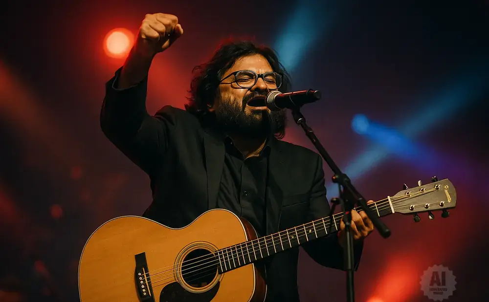Man playing guitar and singing into a microphone on a stage with red and blue lights.