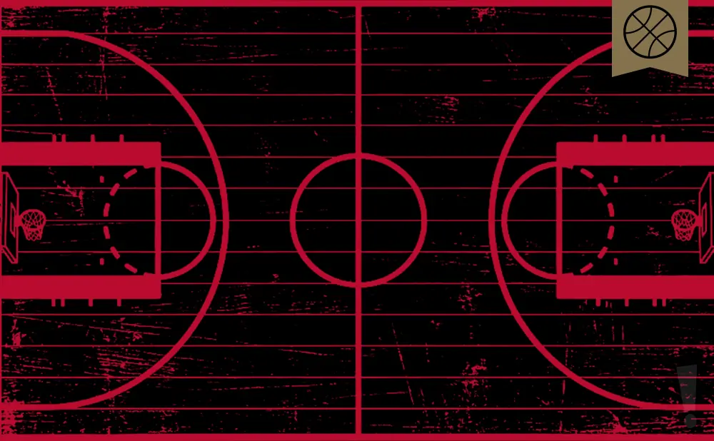 A black and red abstract basketball court design with a basketball logo.