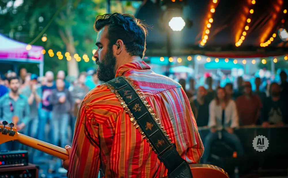 Musician with a beard plays guitar on stage, with a blurred crowd and string lights in the background.