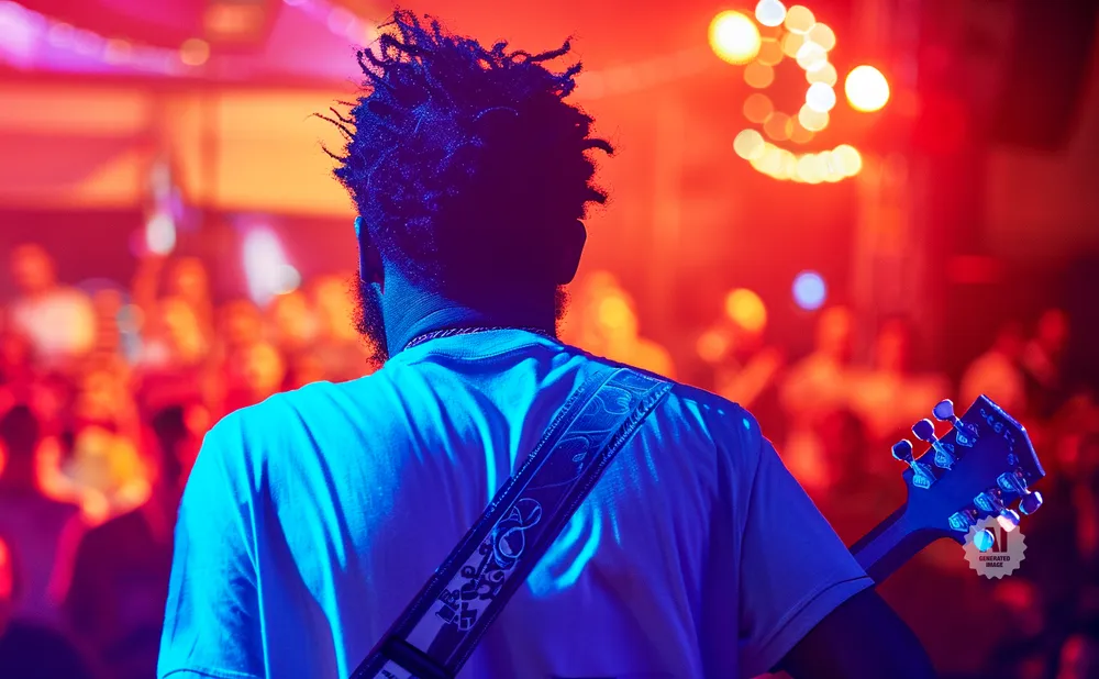 Back of a person with dreadlocks playing guitar on stage, illuminated by red and blue lights, with a blurred crowd in the background.