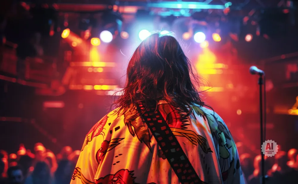 A person with long dark hair wearing a colorful shirt performs on stage with a microphone and blurred audience in the background.
