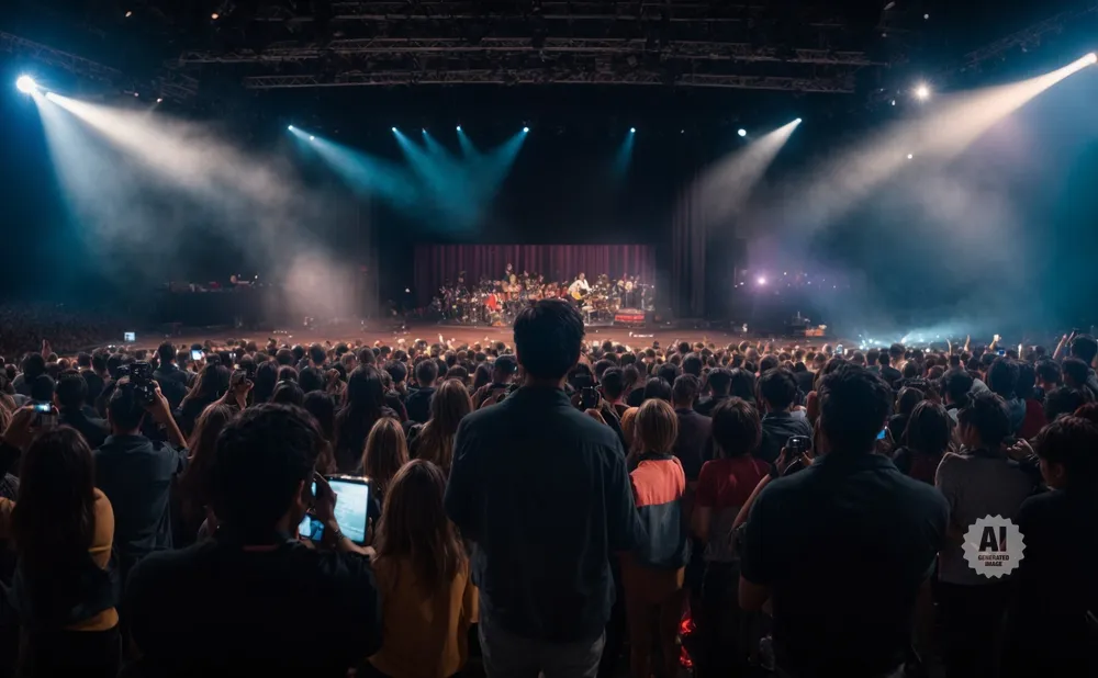 A diverse crowd watches a band perform on a brightly lit stage at a concert.