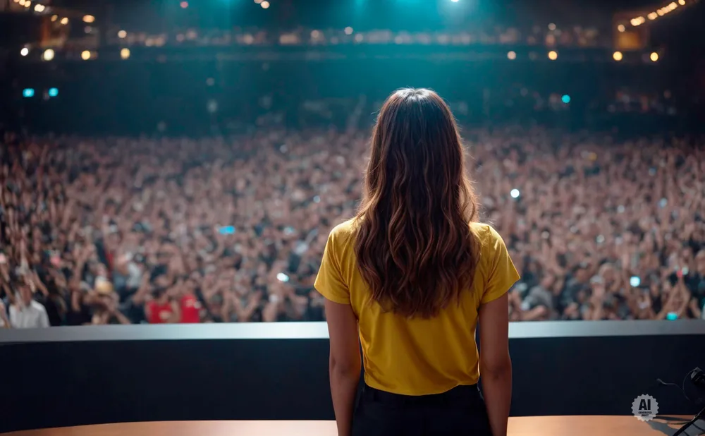 Woman in yellow t-shirt facing a large, blurred audience on a stage.