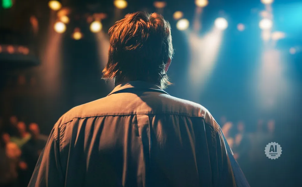 Back view of a person in a collared shirt on a stage, facing a blurred audience and bright lights.
