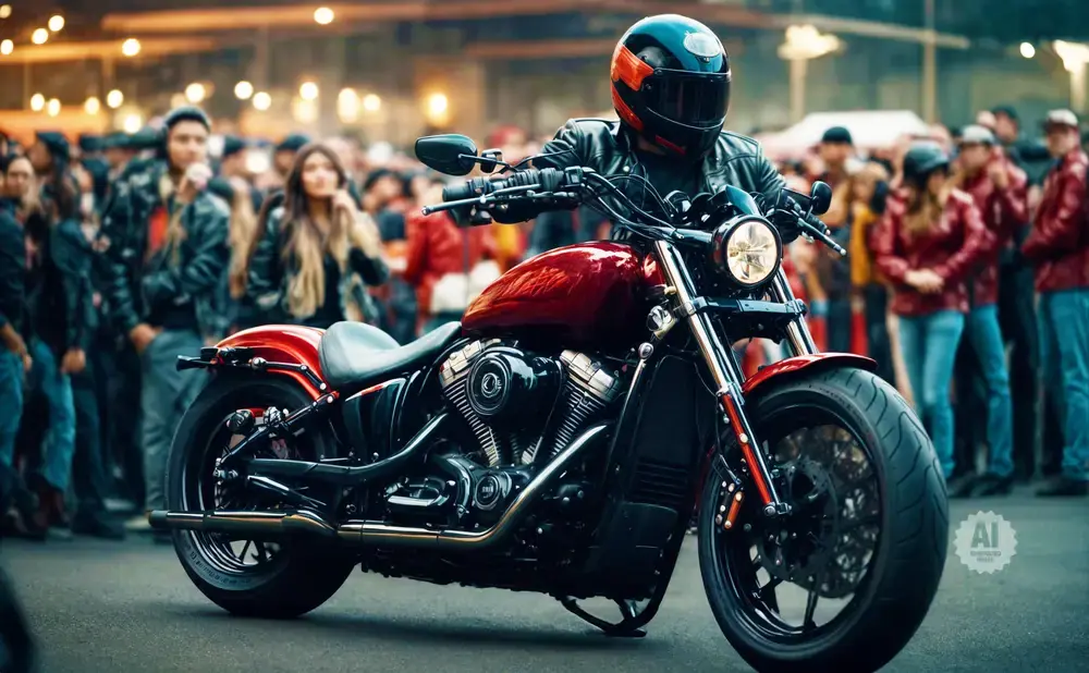 A biker in a helmet rides a red motorcycle, with a crowd of people in the background.