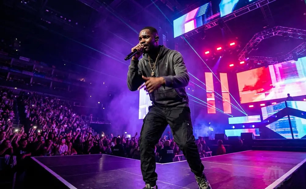 A man in a patterned jacket holds a microphone on a brightly lit stage, with a blurred crowd in the background.