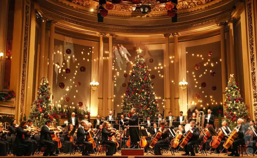 An orchestra performs in a hall decorated with Christmas trees and lights.