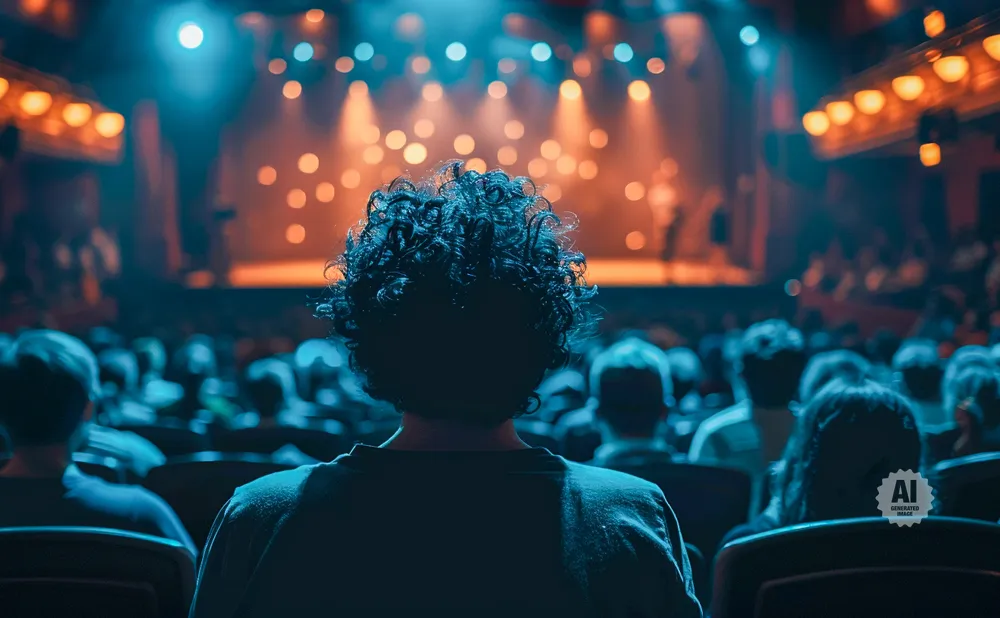 A person with curly hair in silhouette watches a concert or performance from an audience.