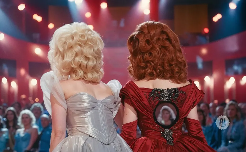Two women in glamorous dresses face away from camera on a stage.