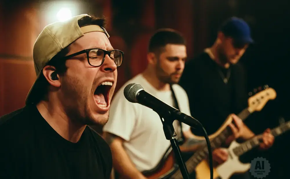 A man in a baseball cap and glasses sings loudly into a microphone, with two other musicians playing guitars behind him.