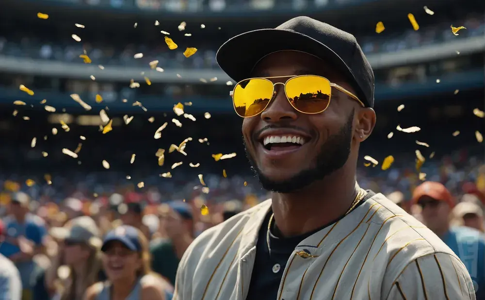 A man in a baseball cap and gold sunglasses laughs as confetti falls at a crowded stadium.