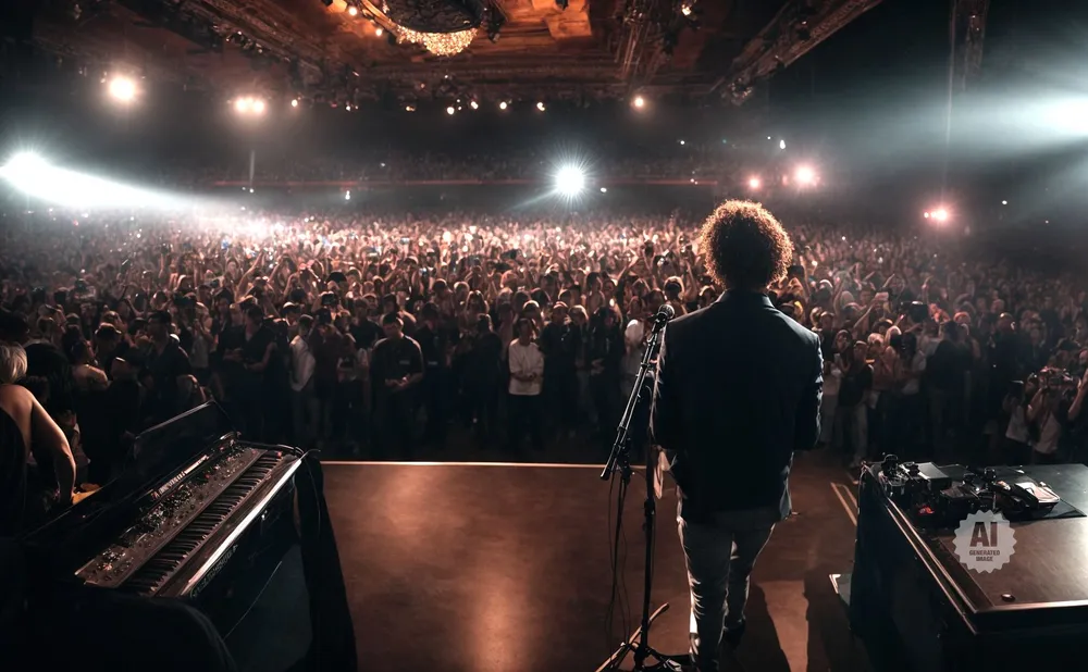 A performer with curly hair faces a cheering crowd from a stage with a keyboard and equipment.