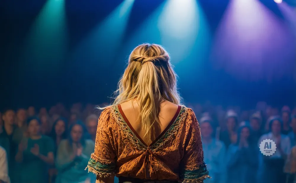 Woman with blonde hair in a braid, facing a blurred audience under colorful stage lights.