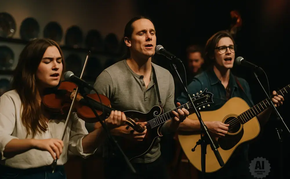 A band plays music; a woman plays violin, a man plays mandolin, and another man plays guitar.