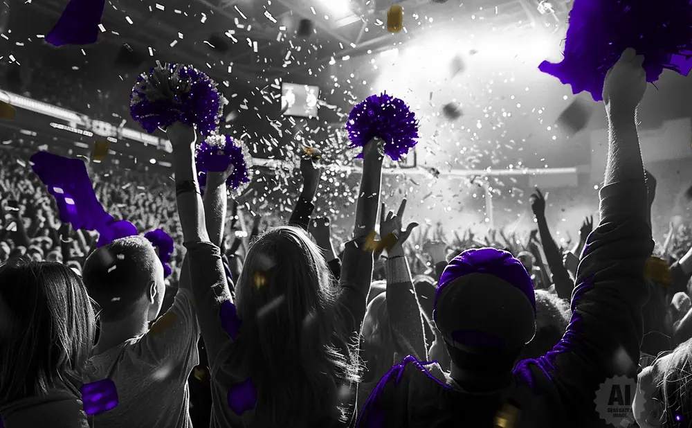 Crowd at a concert with purple pom-poms and confetti.