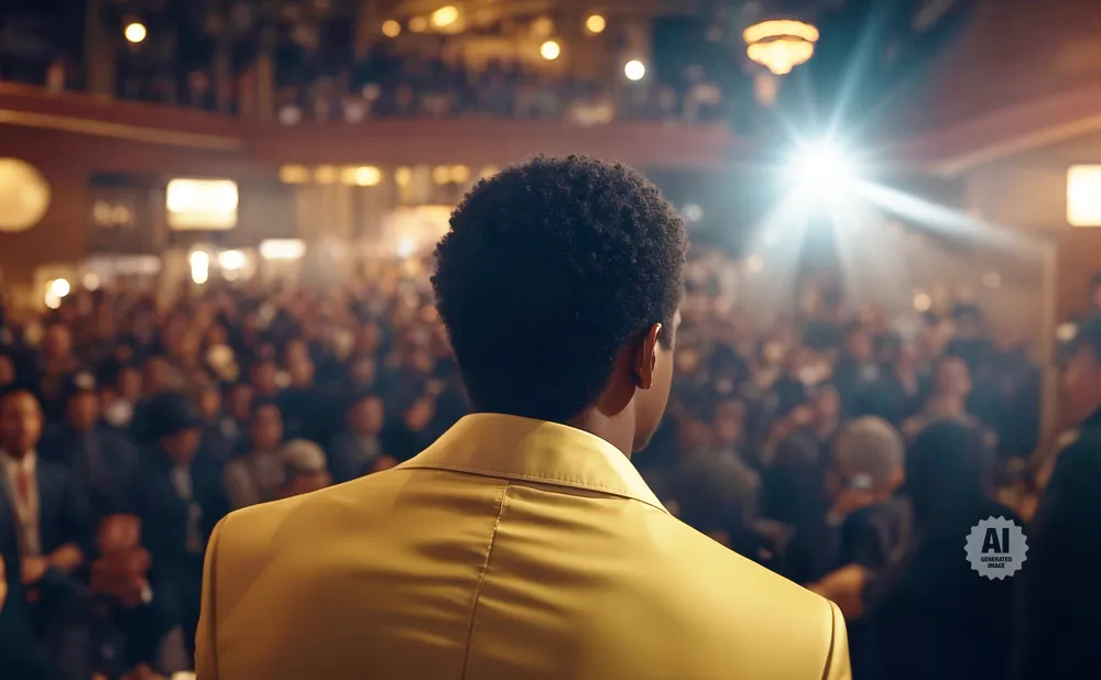 Back of a Black man in a gold suit facing a large, blurry audience in a dimly lit room with a bright spotlight.