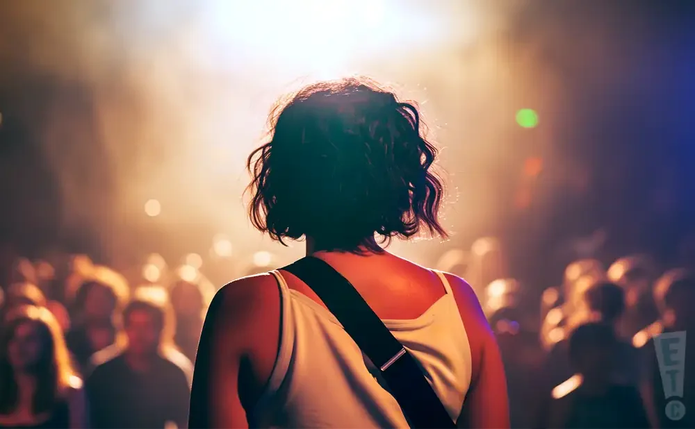 Back view of a woman with curly hair on stage at a concert, facing a blurred crowd in front of bright lights.