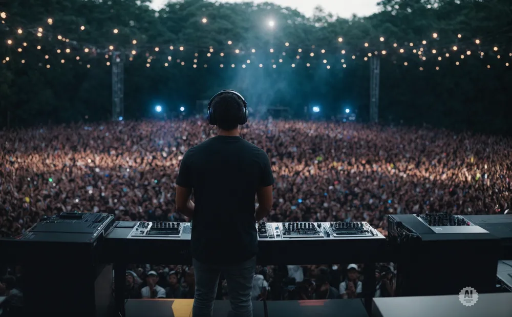 DJ with headphones on stage, facing a massive cheering crowd at an outdoor concert.