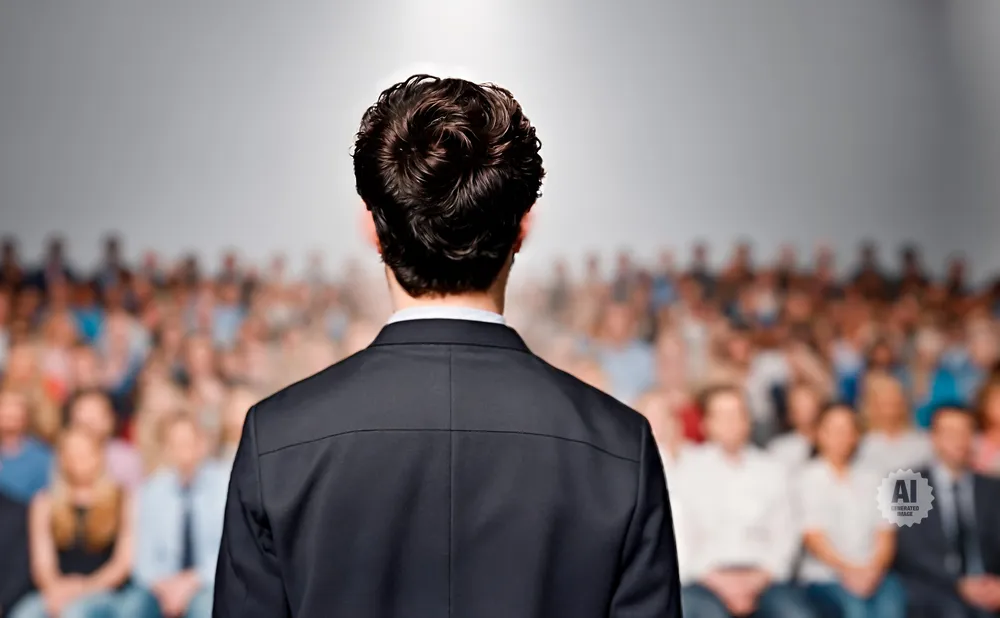 Man in a suit speaking to an audience.