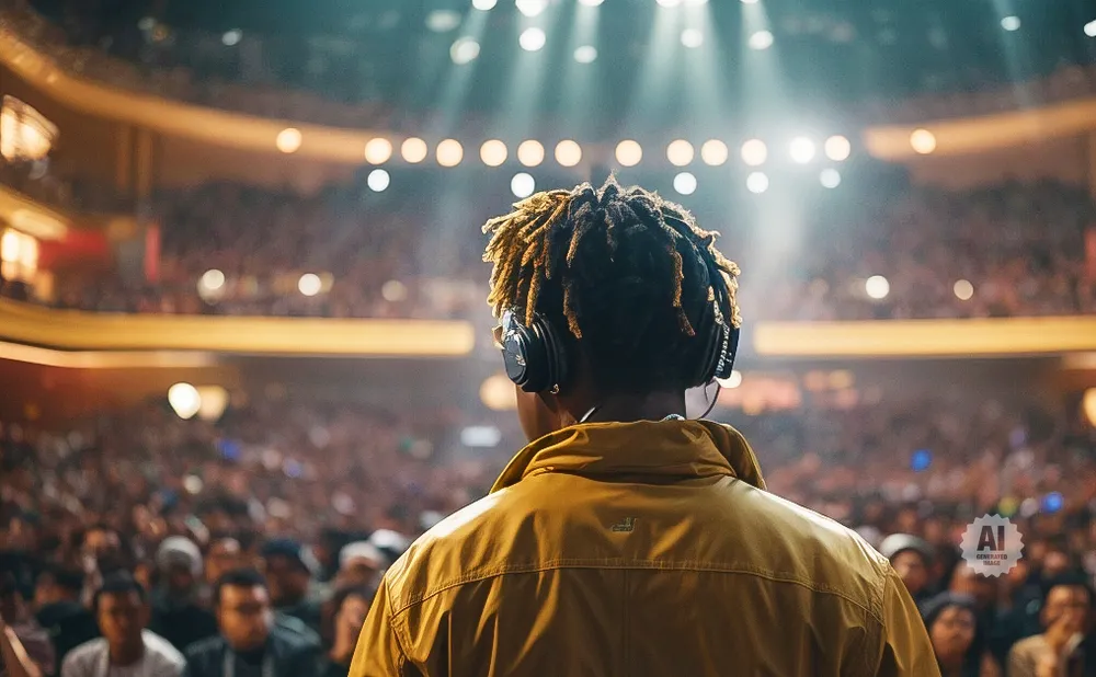 A person with dreadlocks wearing headphones faces a large, blurred audience in a concert hall.