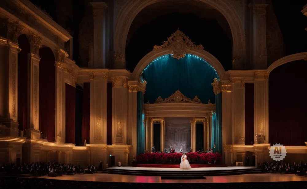 An opulent theater stage with a couple in wedding attire, an orchestra, and plush red seating.