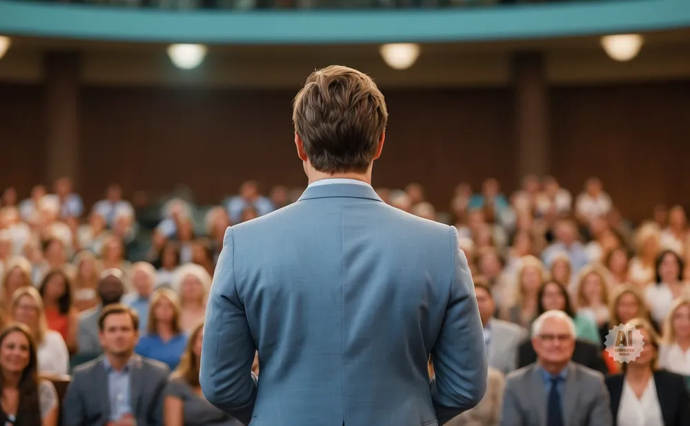 Man in a blue suit facing away from camera, speaking to a seated audience.