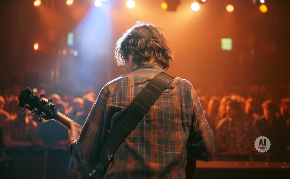 A guitarist on stage plays for a cheering crowd.