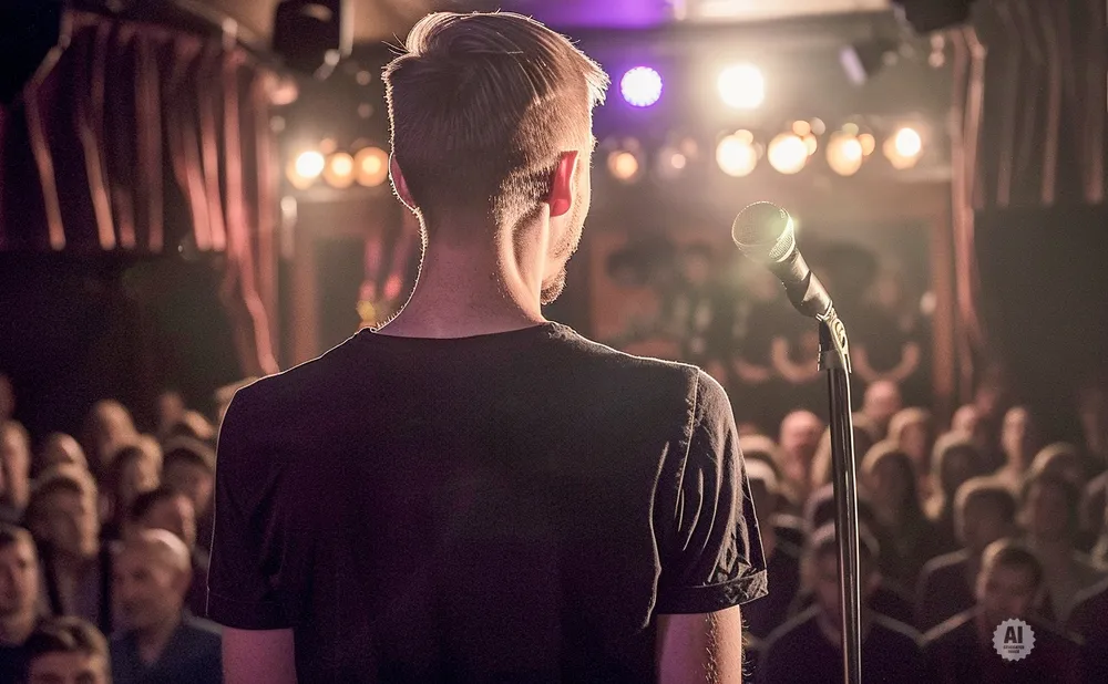 A person stands on stage facing a microphone and an audience in a dimly lit venue.