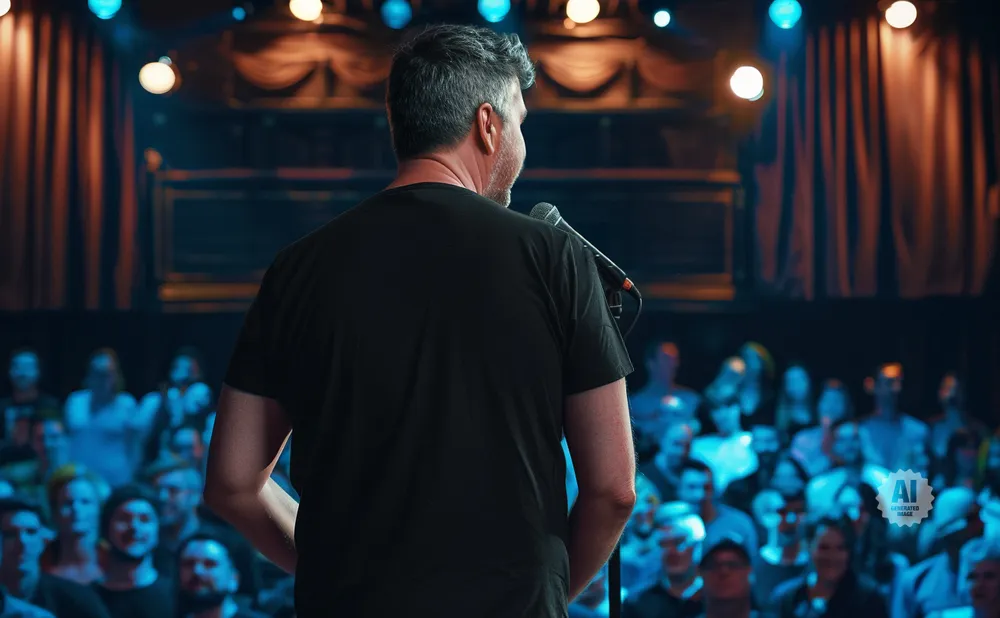 A man in a black t-shirt stands facing away from the camera, speaking into a microphone on a stage in front of an audience.