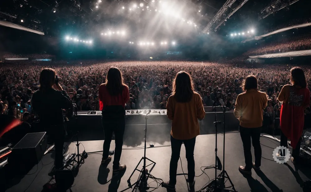 A band on stage facing a massive, cheering crowd at a concert.