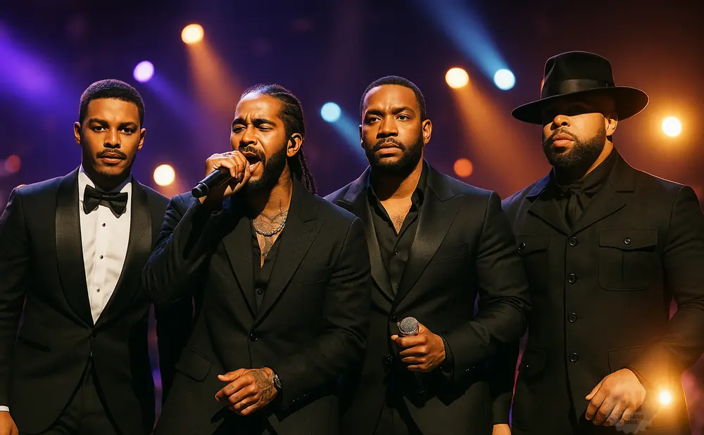 Four Black men in black formal wear on a dimly lit stage with colored lights.