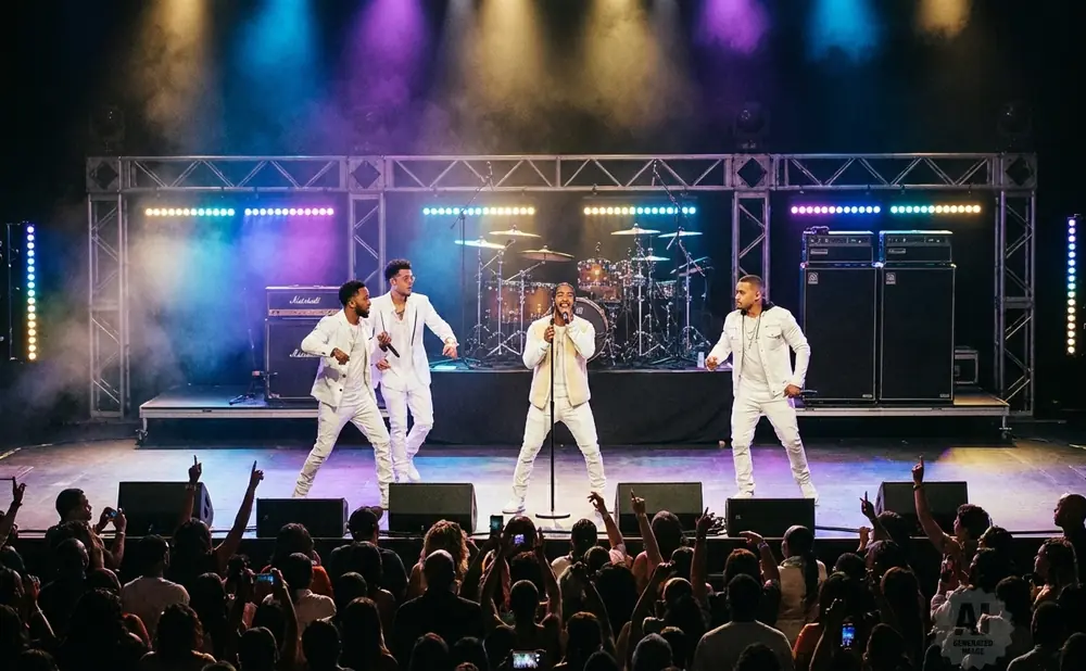 A male singing group in white outfits performs on a stage with colorful lights and a drummer in the background.