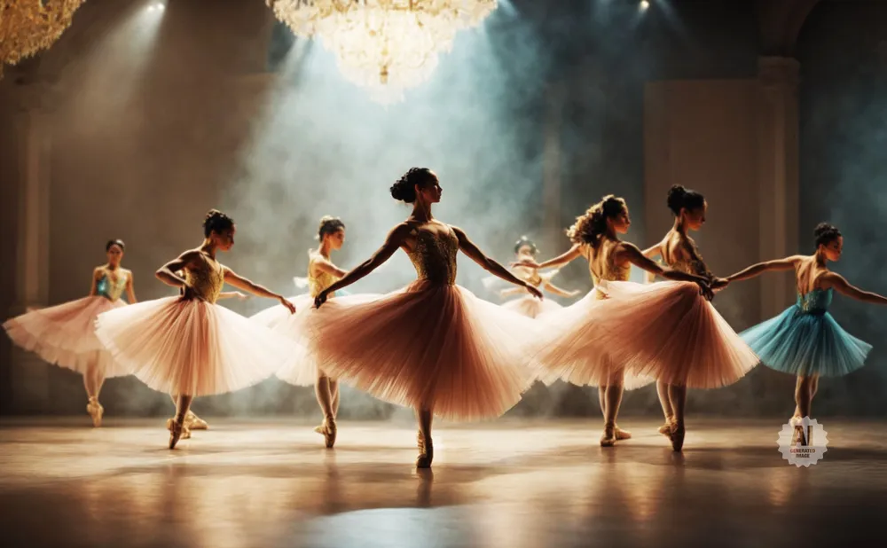 Ballerinas in pink and blue tutus dance on a stage under spotlights.