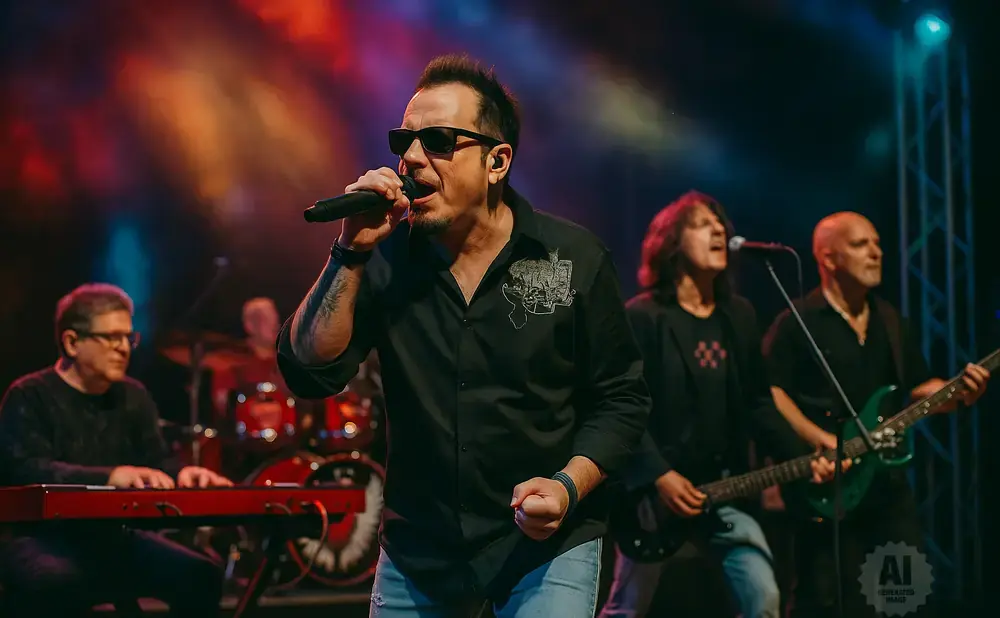 A band performs on stage with a lead singer in sunglasses holding a microphone.