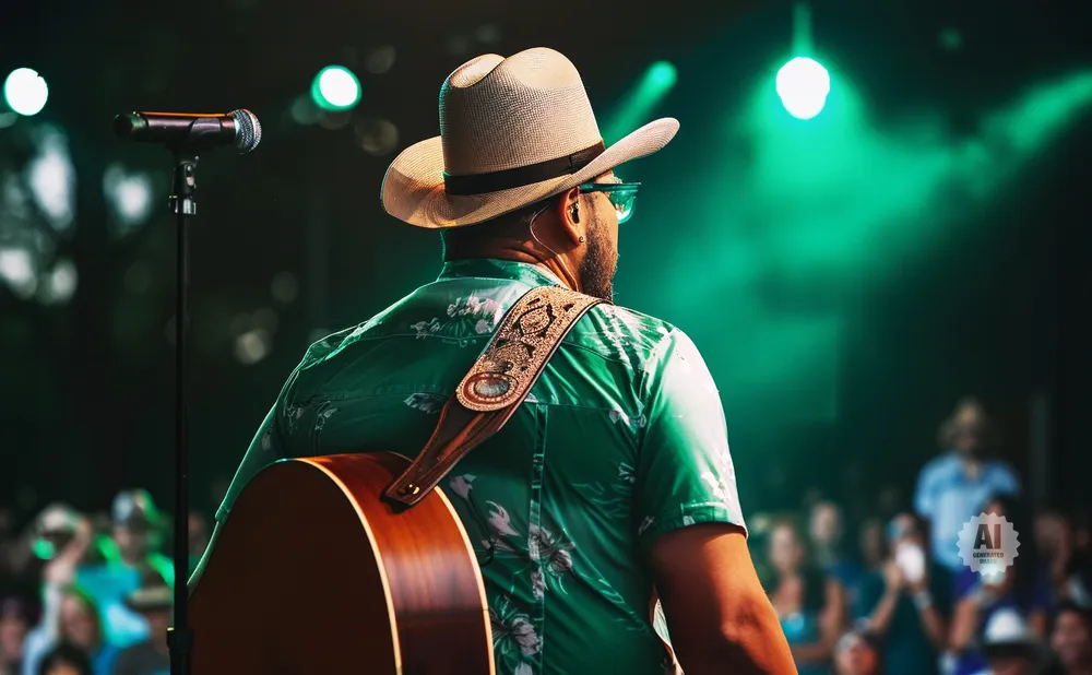 Man in a cowboy hat and green floral shirt plays guitar on stage with green lights.