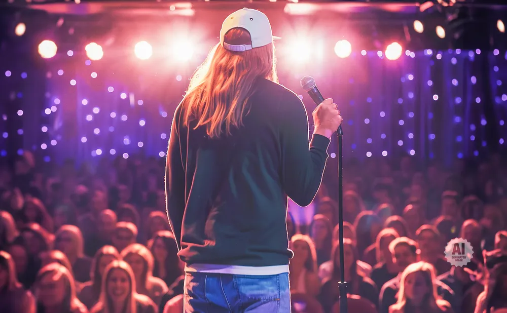 A comedian on stage with a microphone, facing a large, dimly lit audience with purple lights.