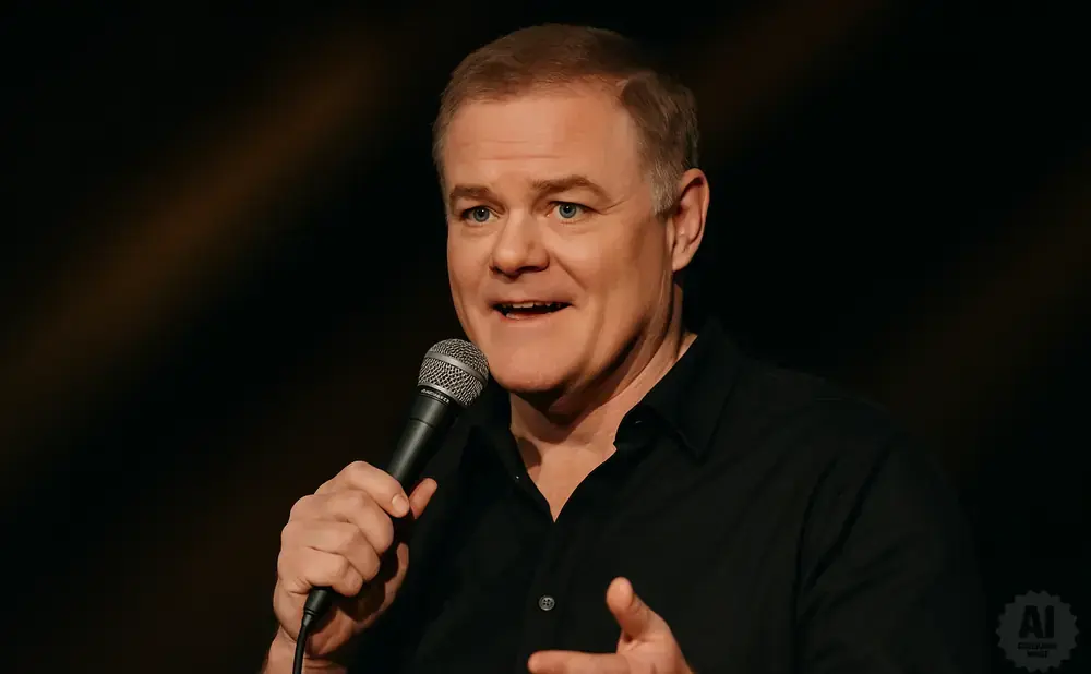 A man in a black shirt holds a microphone and speaks on stage.